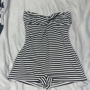 Black and White Striped Strapless Romper